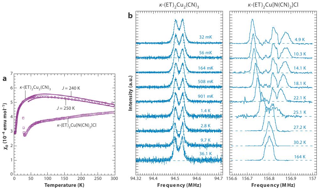 (a) Temperature dependence of the spin susceptibility for \kappa-CN, and \kappa-Cl.
(b) ^1H-NMR spectra for single crystals of \kappa-CN, and \kappa-Cl under magnetic field applied perpendicular to dimer layer. (Taken from )
