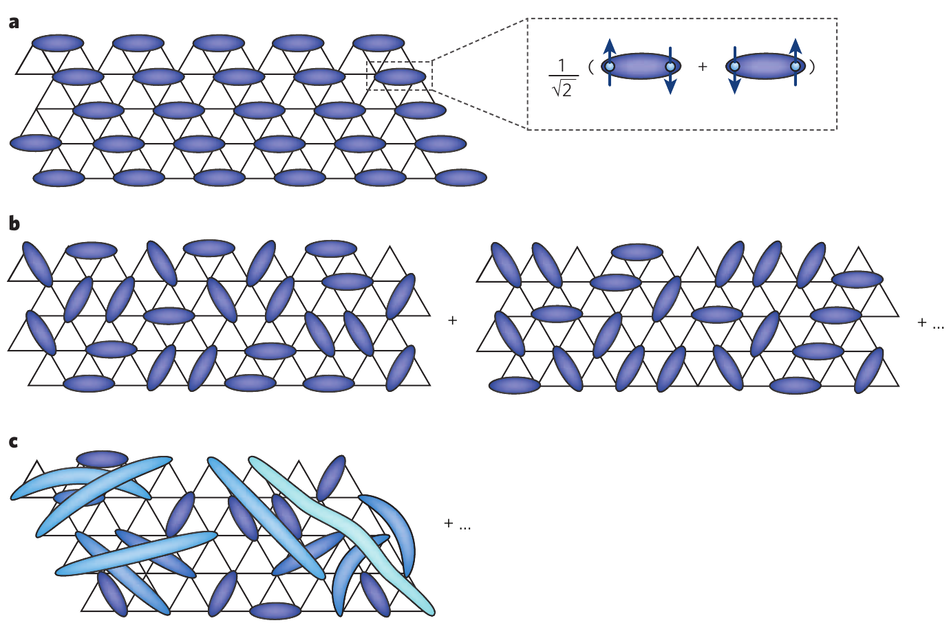 Cartoon of a valence bond crystal on the triangular lattice. (a) A regular arrangement of singlet bonds where blue ellipses denote the singlets.  An RVB state is a superposition of many configurations of bond, which could be among (b) near neighbours, or (c) long distance apart. (From Balents \cite{frust-rev2})